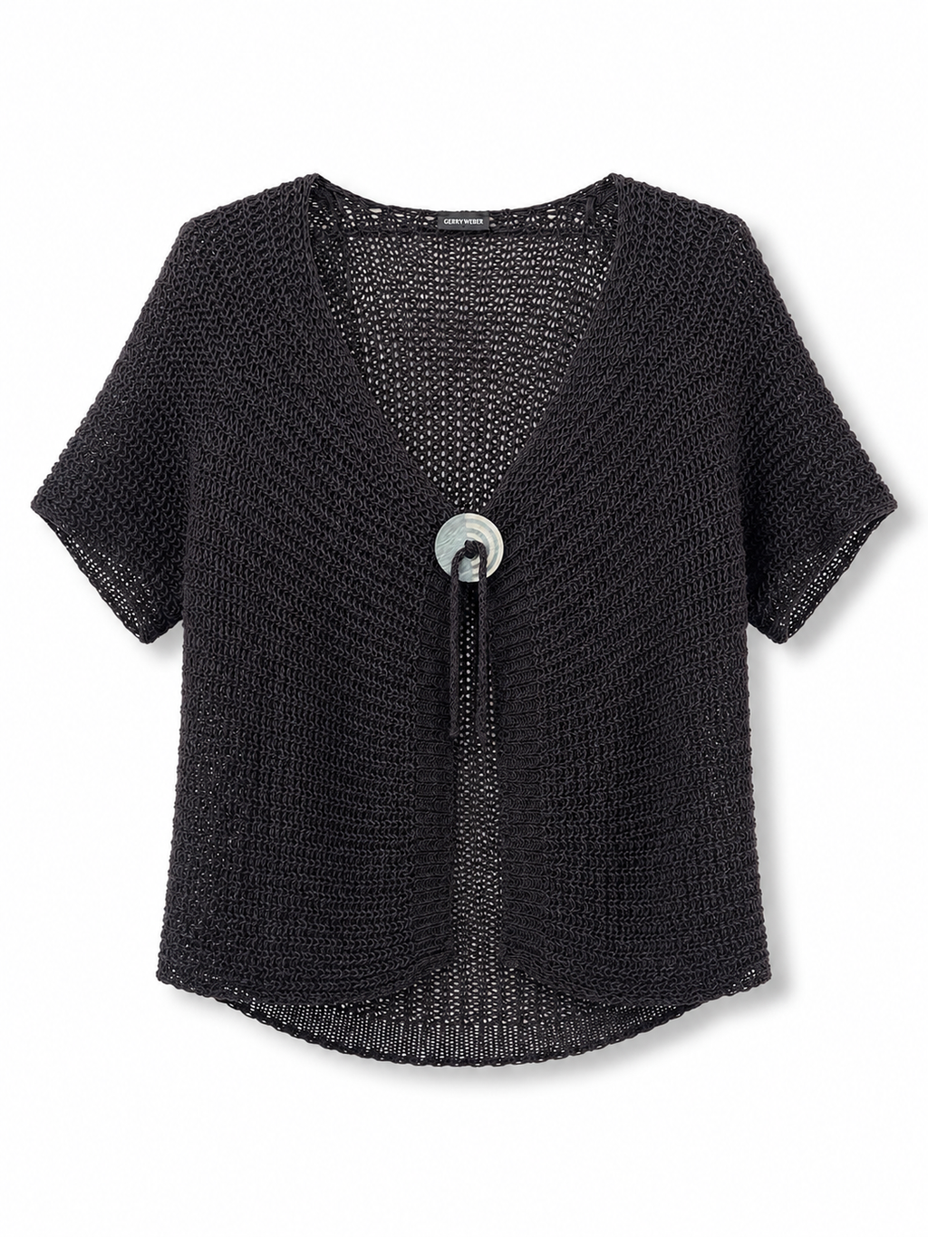 Black knit cardigan with a silver button on a white background