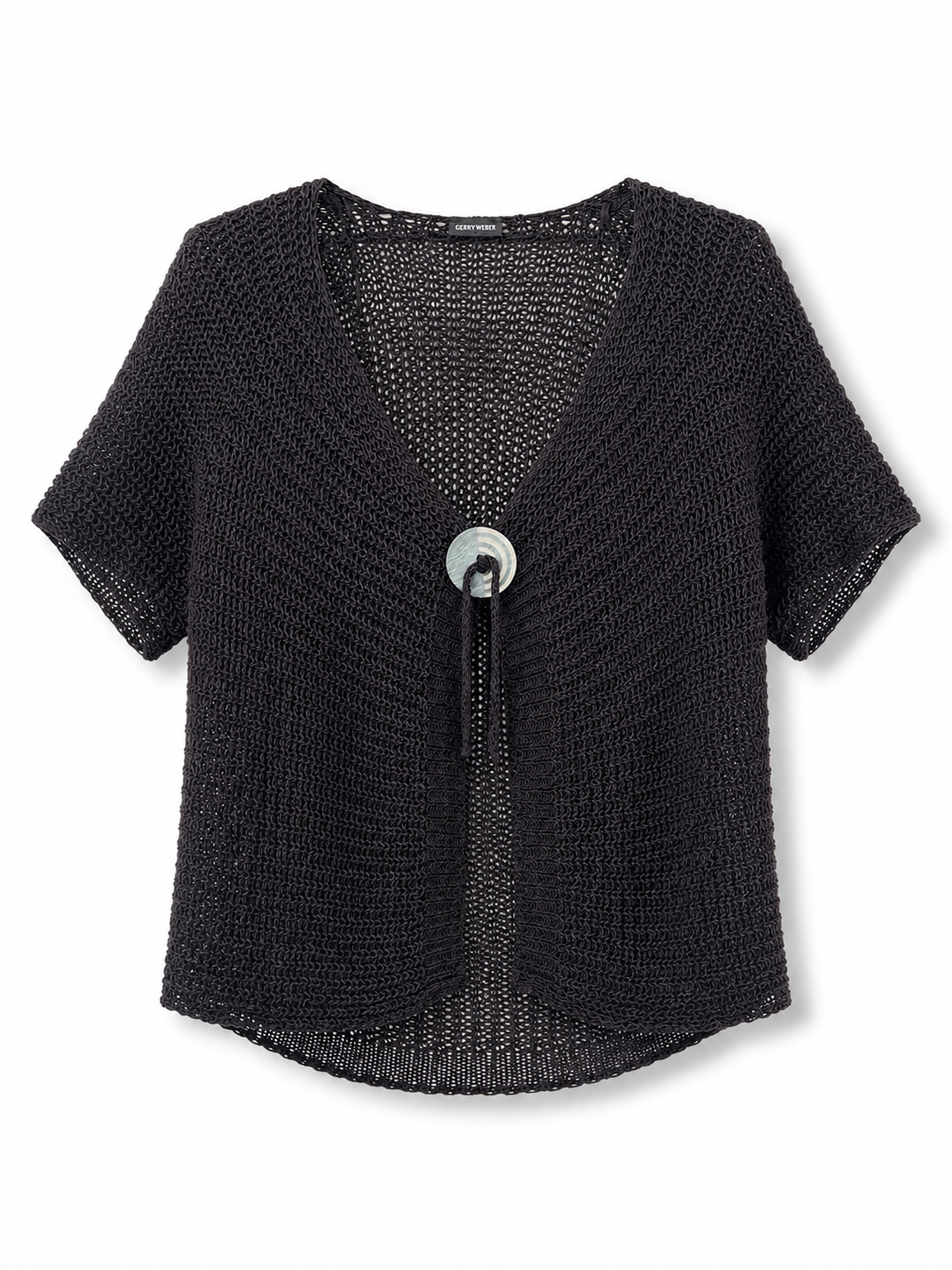 Black knit cardigan with a silver button on a white background